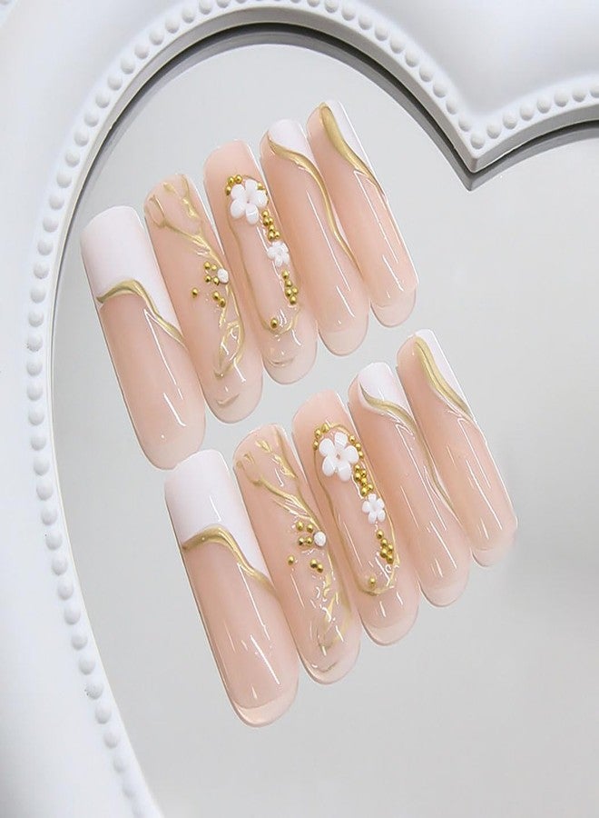 RikView Coffin Press on Nails Long Fake Nails with 3D Flowers Design Golden Nails Glossy Full Cover Nails for Women 24 PCs/Set - Image 4